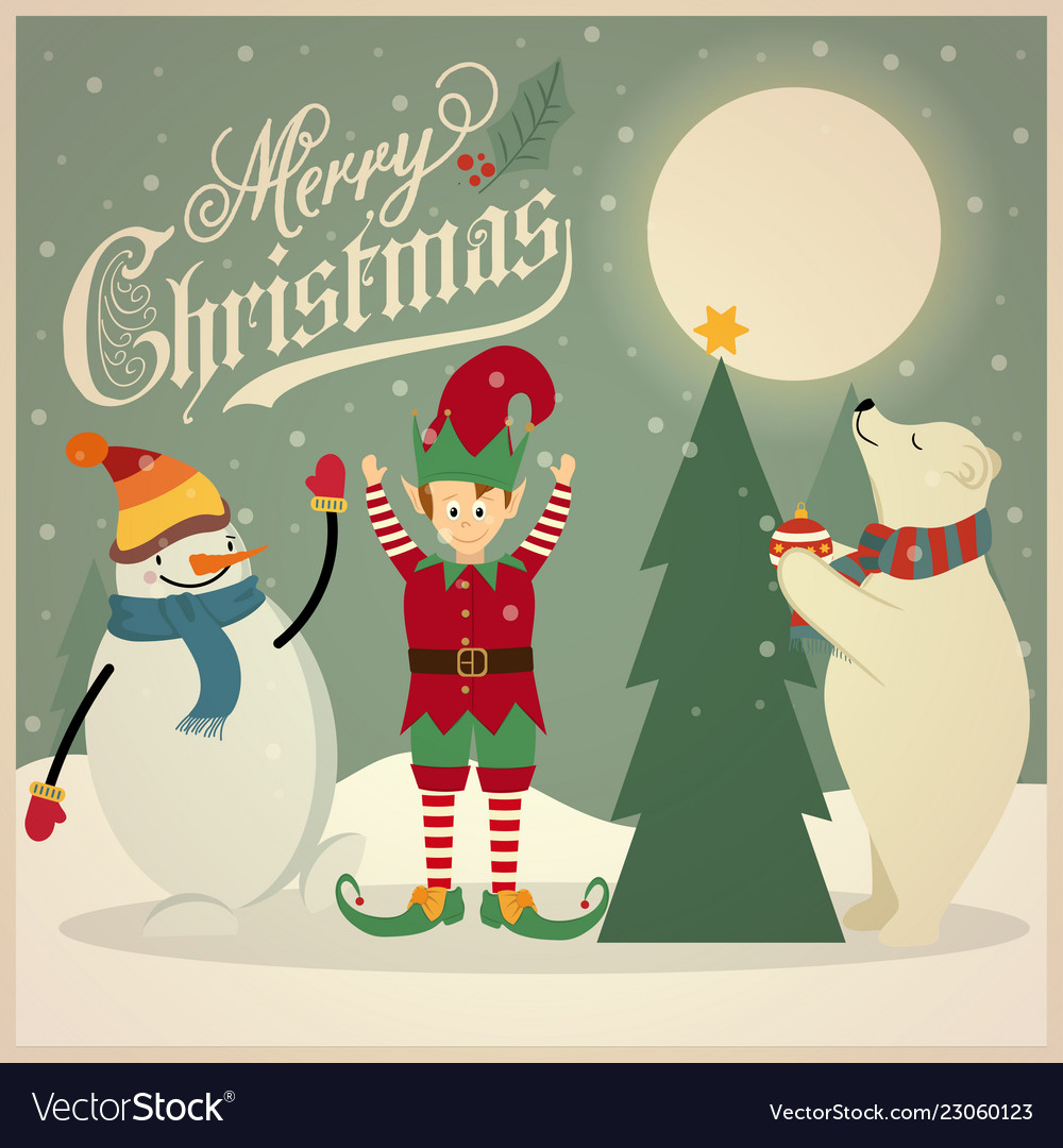 Retro Christmas Card With Polar Bear Elf Vector Image