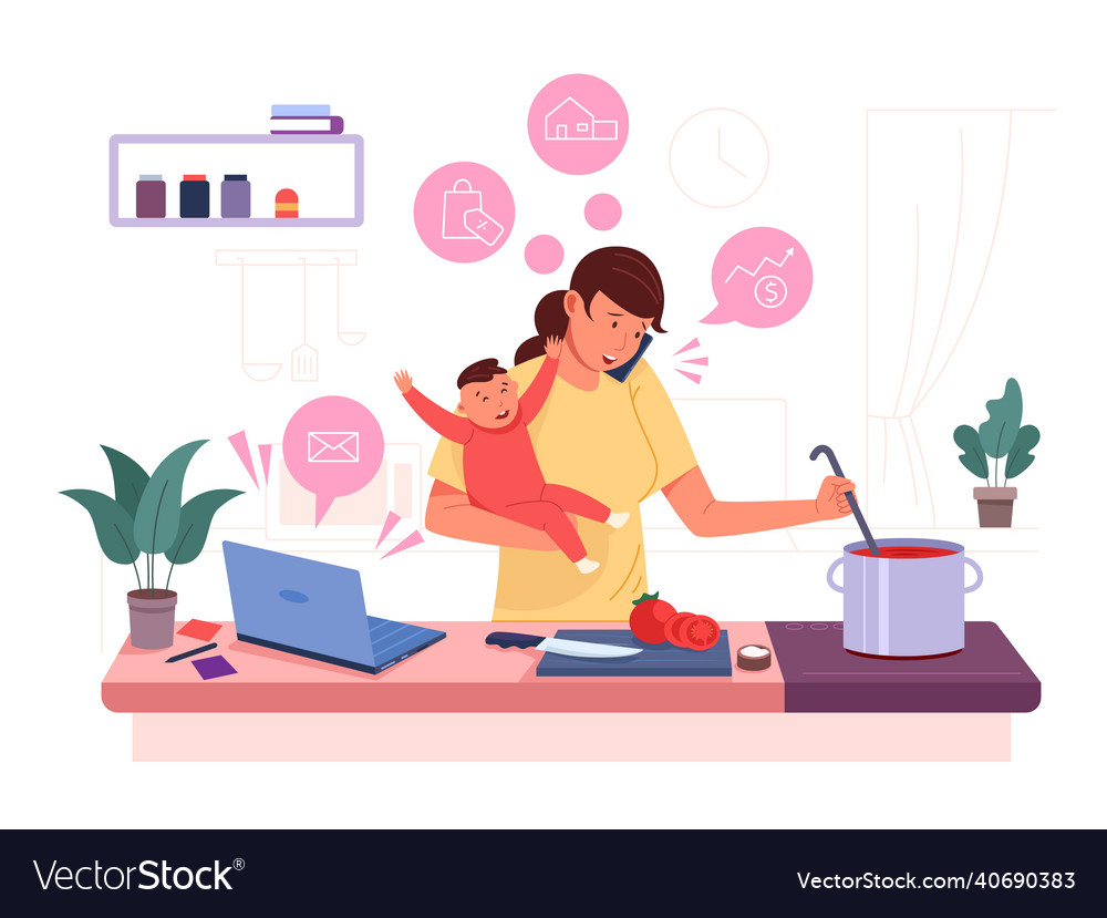 Multitasking Mom Busy Mother With Baby Woman Vector Image