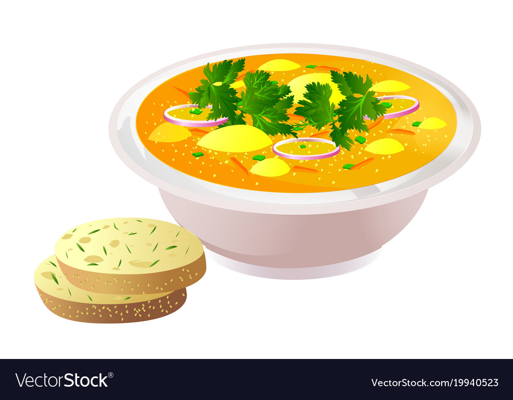 Ceramic Bowl Of Soup With Bread Royalty Free Vector Image