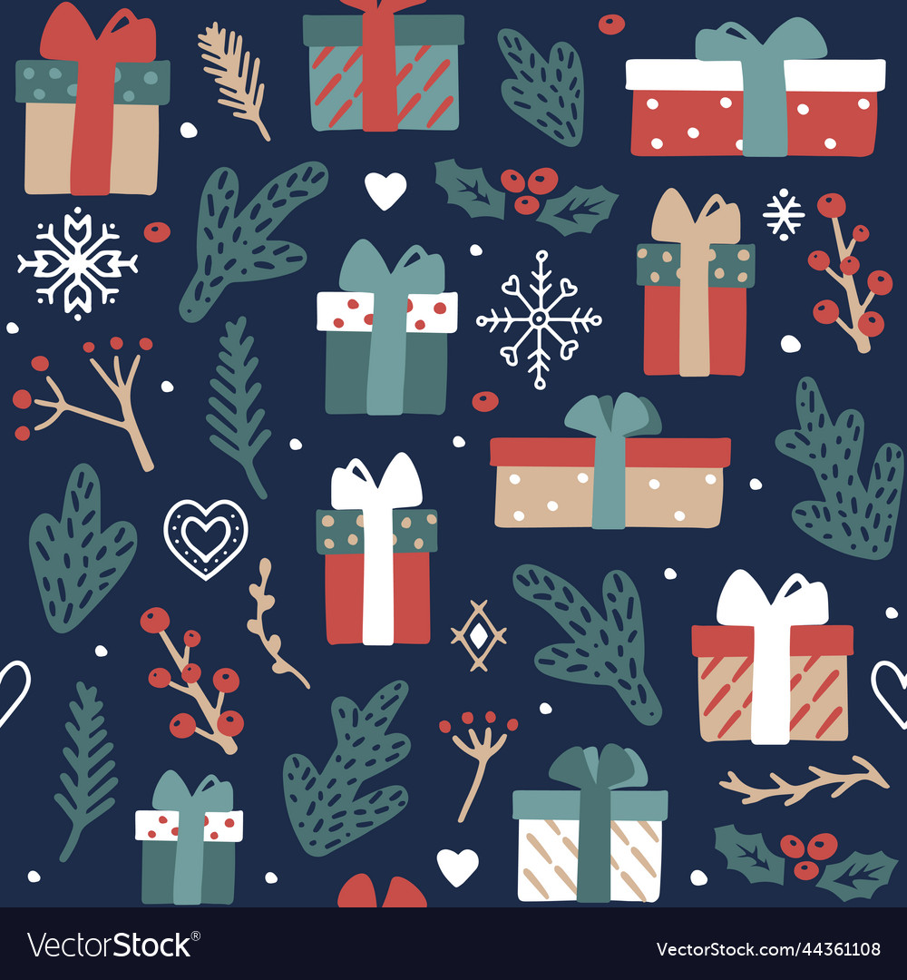 Christmas Gift Boxes Seamless Pattern Hand Drawn Vector Image