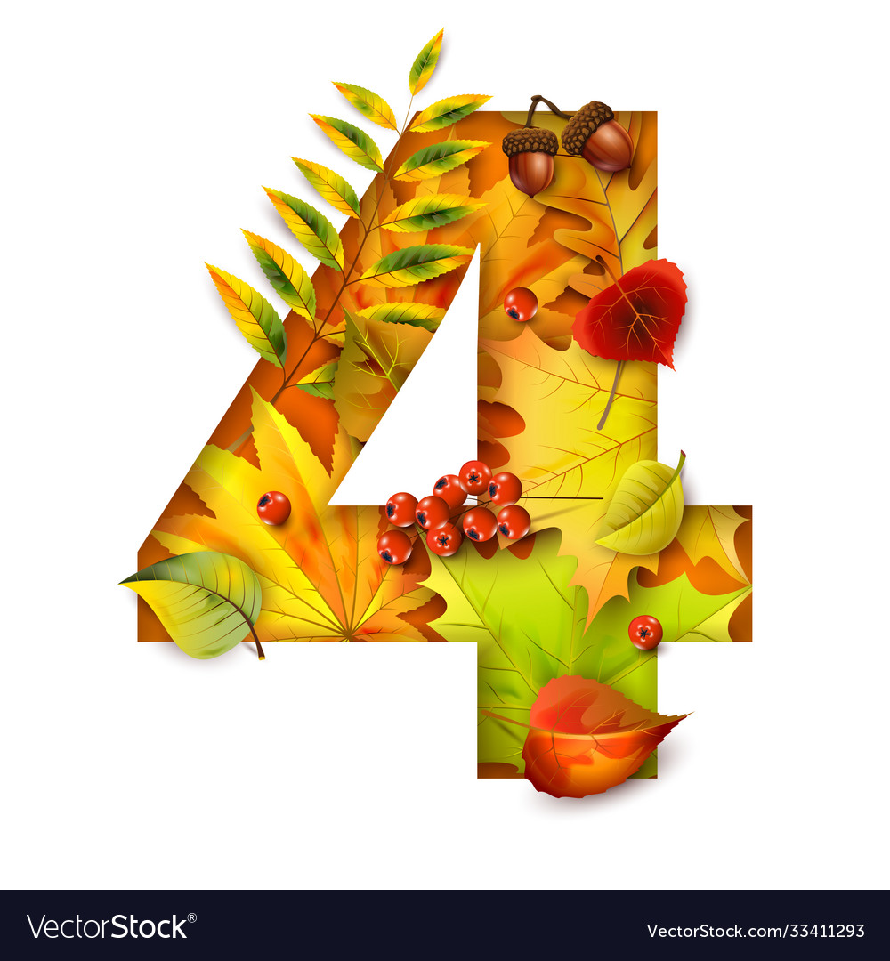 Autumn Stylized Alphabet With Foliage Digit4 Vector Image