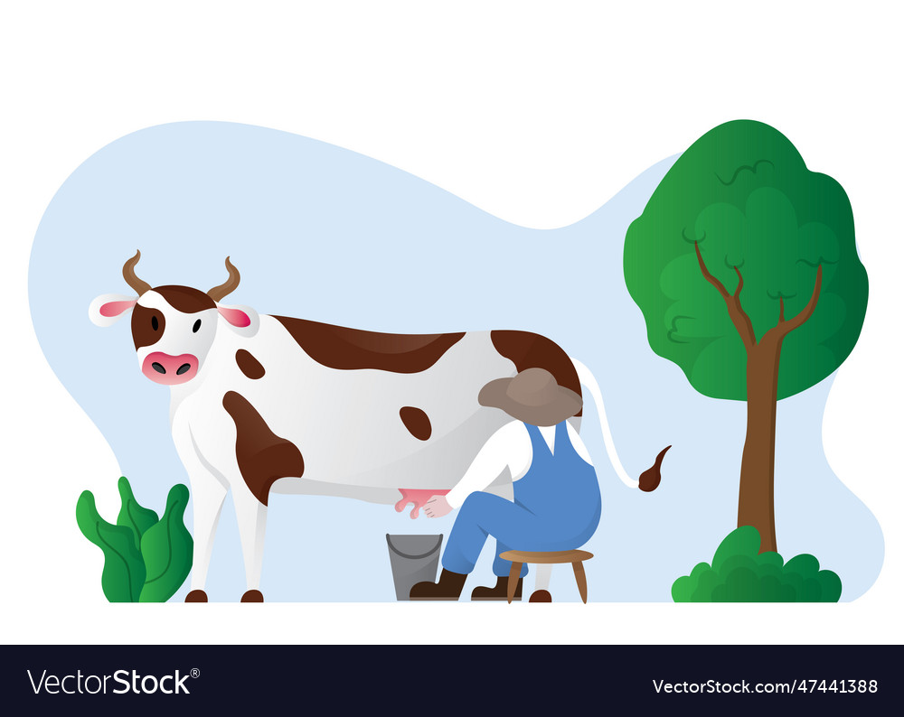 Farmer Milking A Cow Dairy Cow Cattle Milk Farm Vector Image