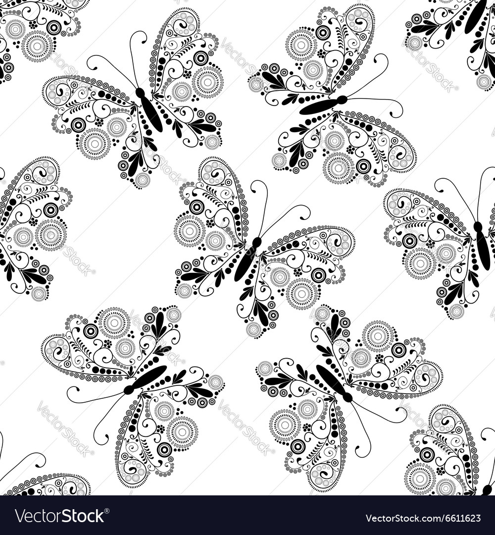 Seamless White Pattern With Lacy Butterflies Vector Image