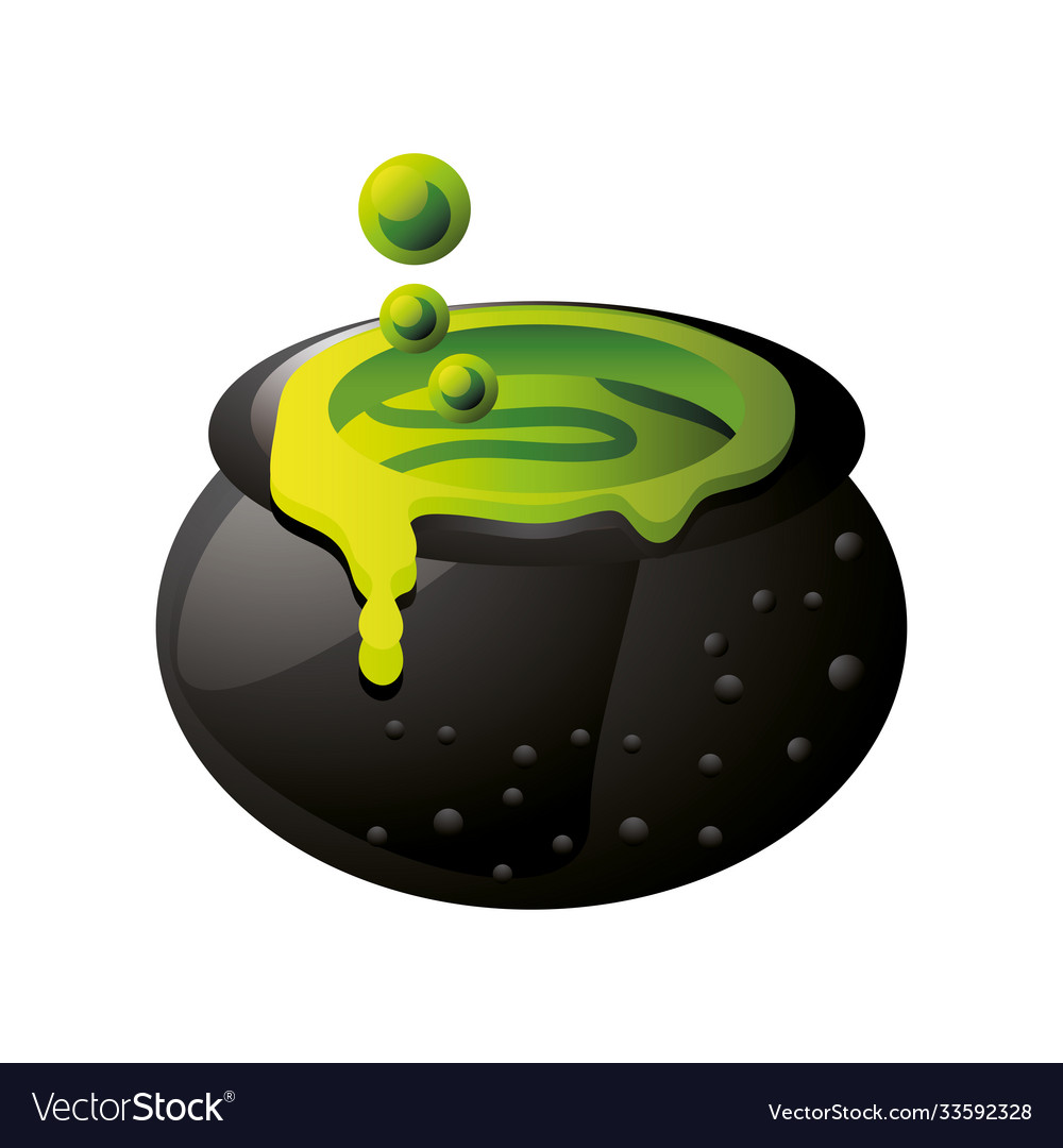 Witch Cauldron With Bubbling Green Liquid On White