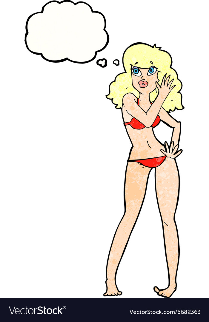 Cartoon Pretty Woman In Bikini With Thought Bubble