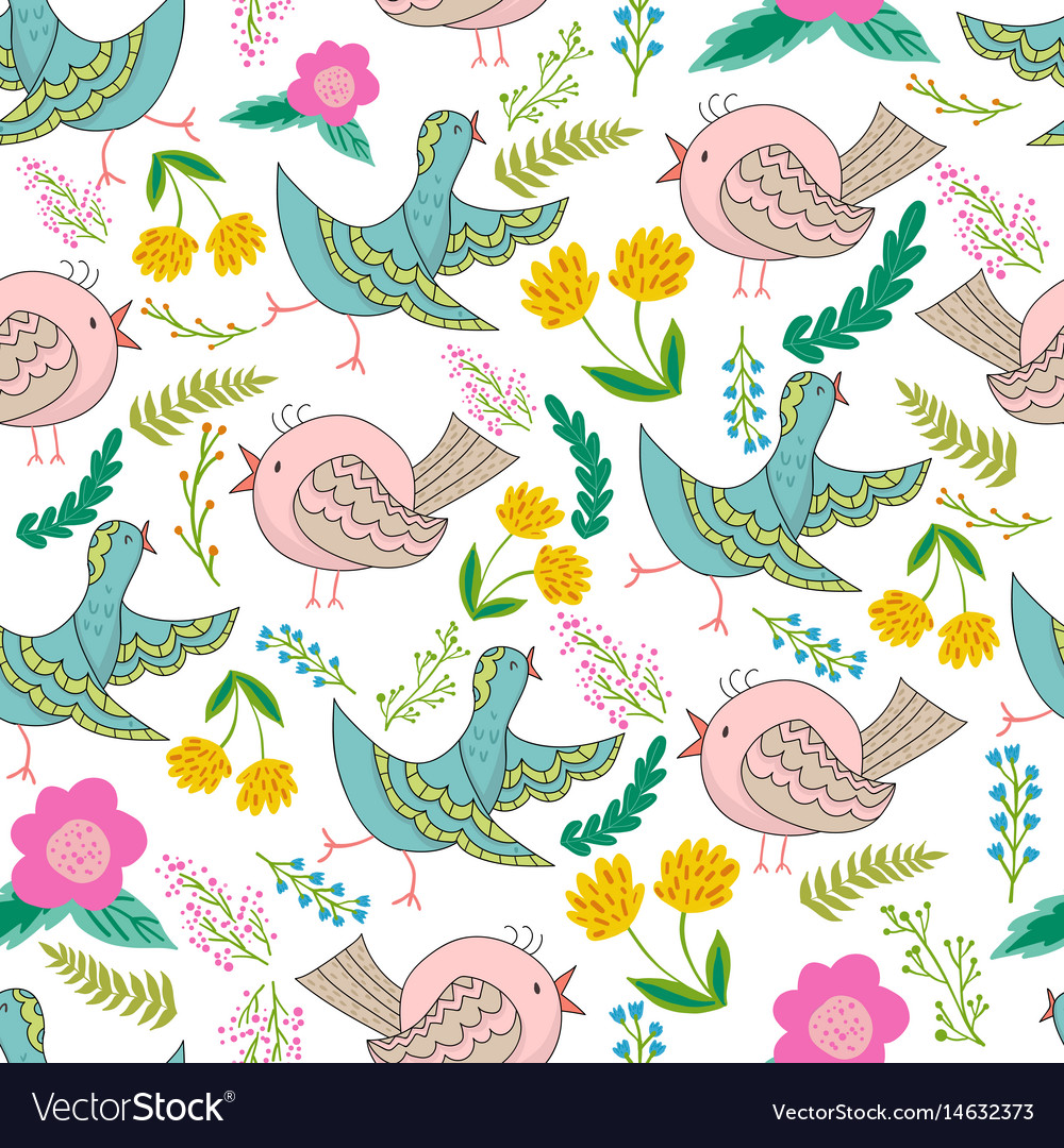 Seamless Pattern Of Birds And Flowers In Vector Image