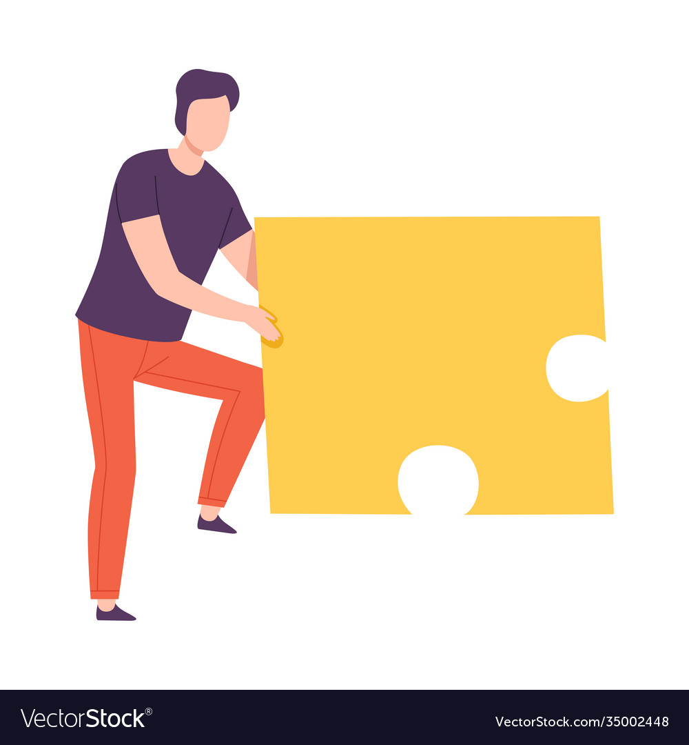 Man Connecting Puzzle Elements Guy Holding Big Vector Image