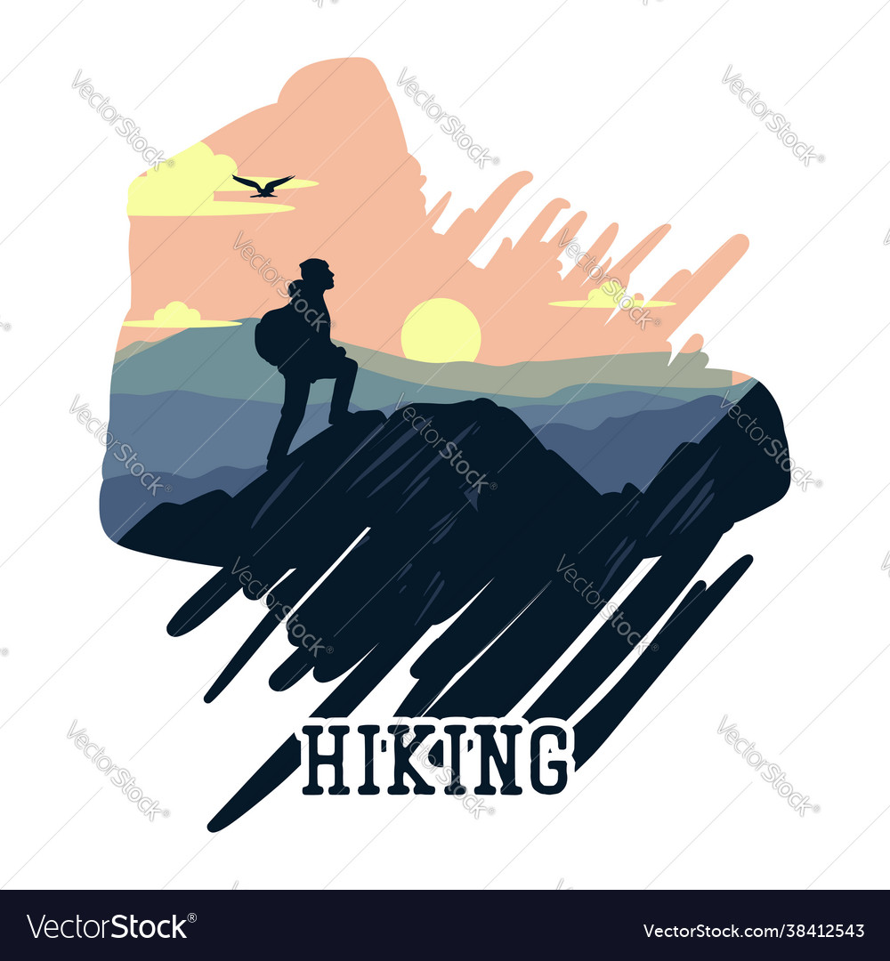 Hiking With Hiker On Mountain Scenery Flat Vector Image