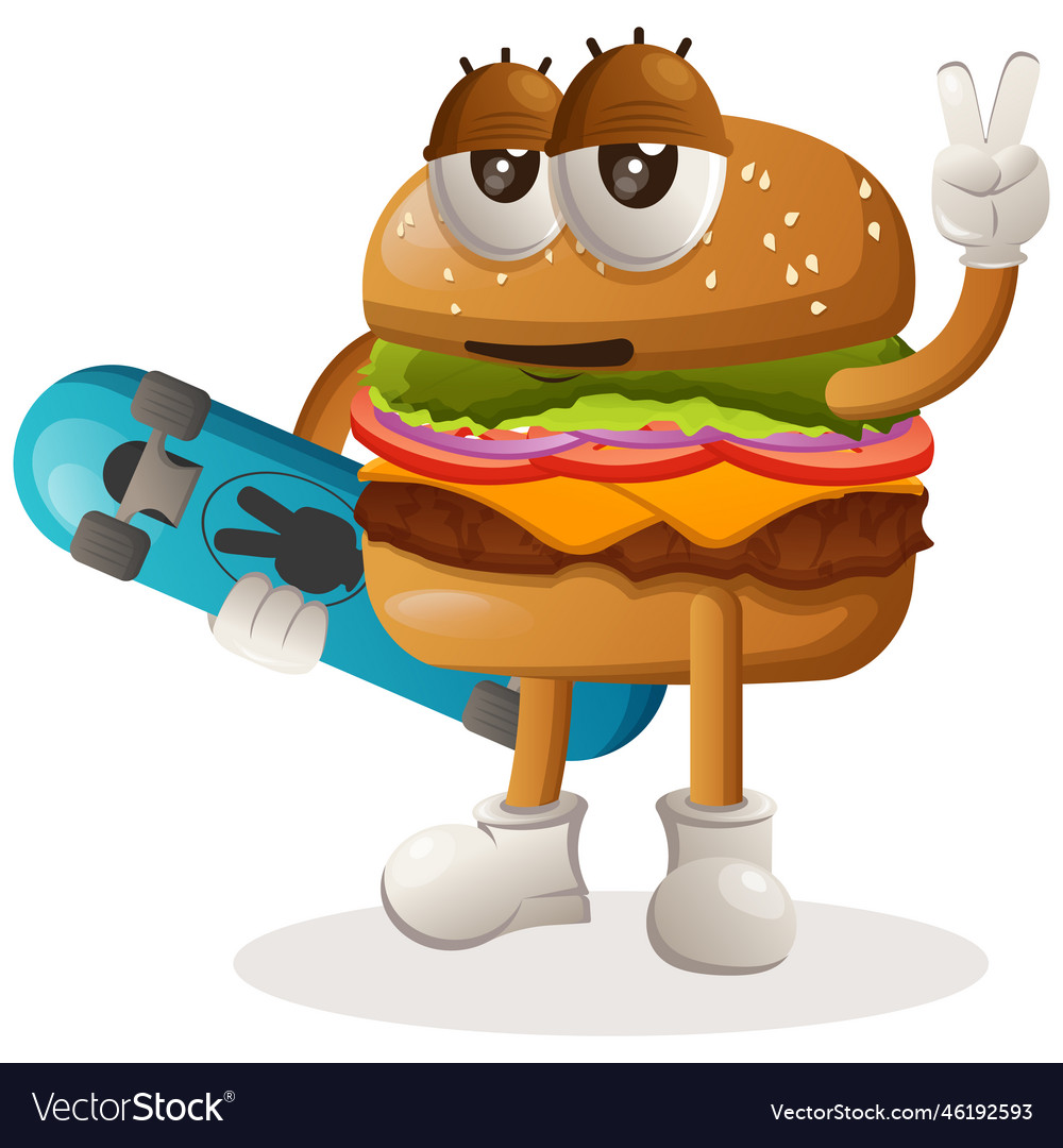 Cute Burger Mascot Design Carrying A Skateboard Vector Image