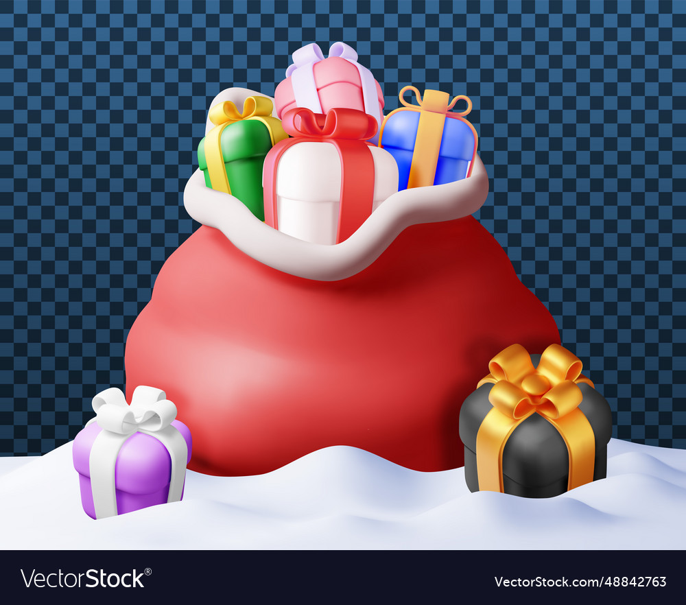 3d Open Santa Claus Sack Full Of Gifts In Snow Vector Image