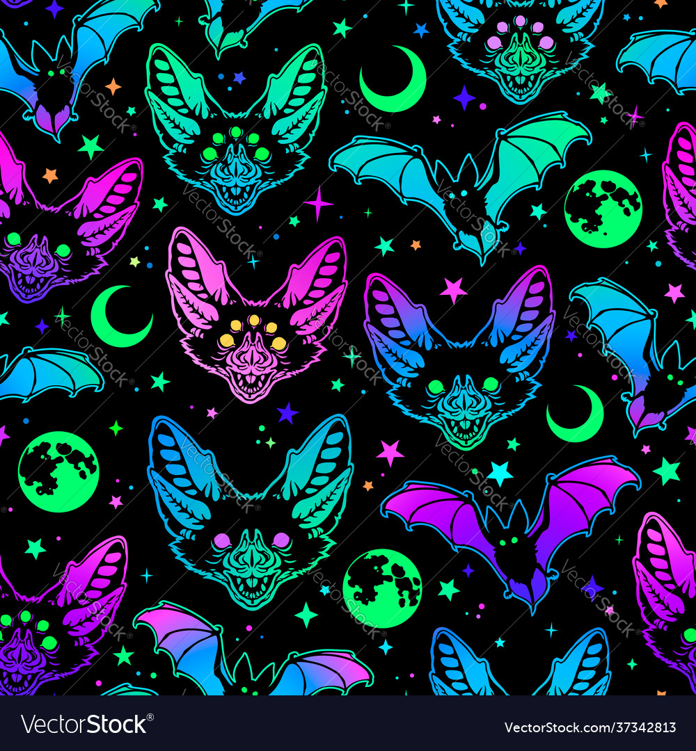 Seamless Pattern Multicolored Bright Bats Vector Image