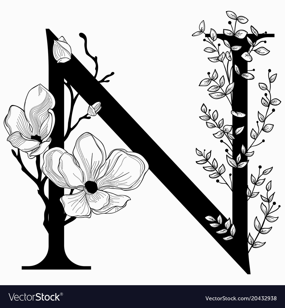 Hand Drawn Floral Uppercase N Monogram Royalty Free Vector