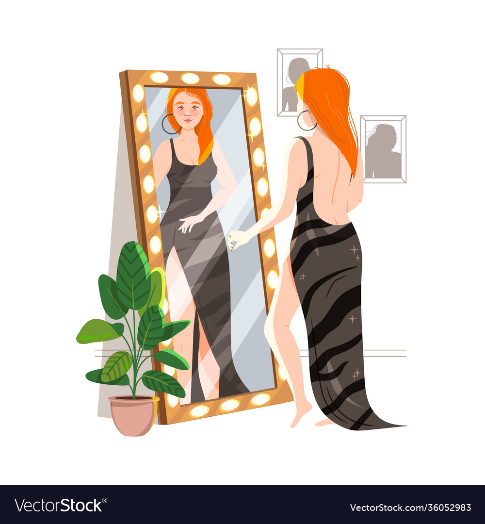 Redhead Woman Standing In Front Mirror Royalty Free Vector