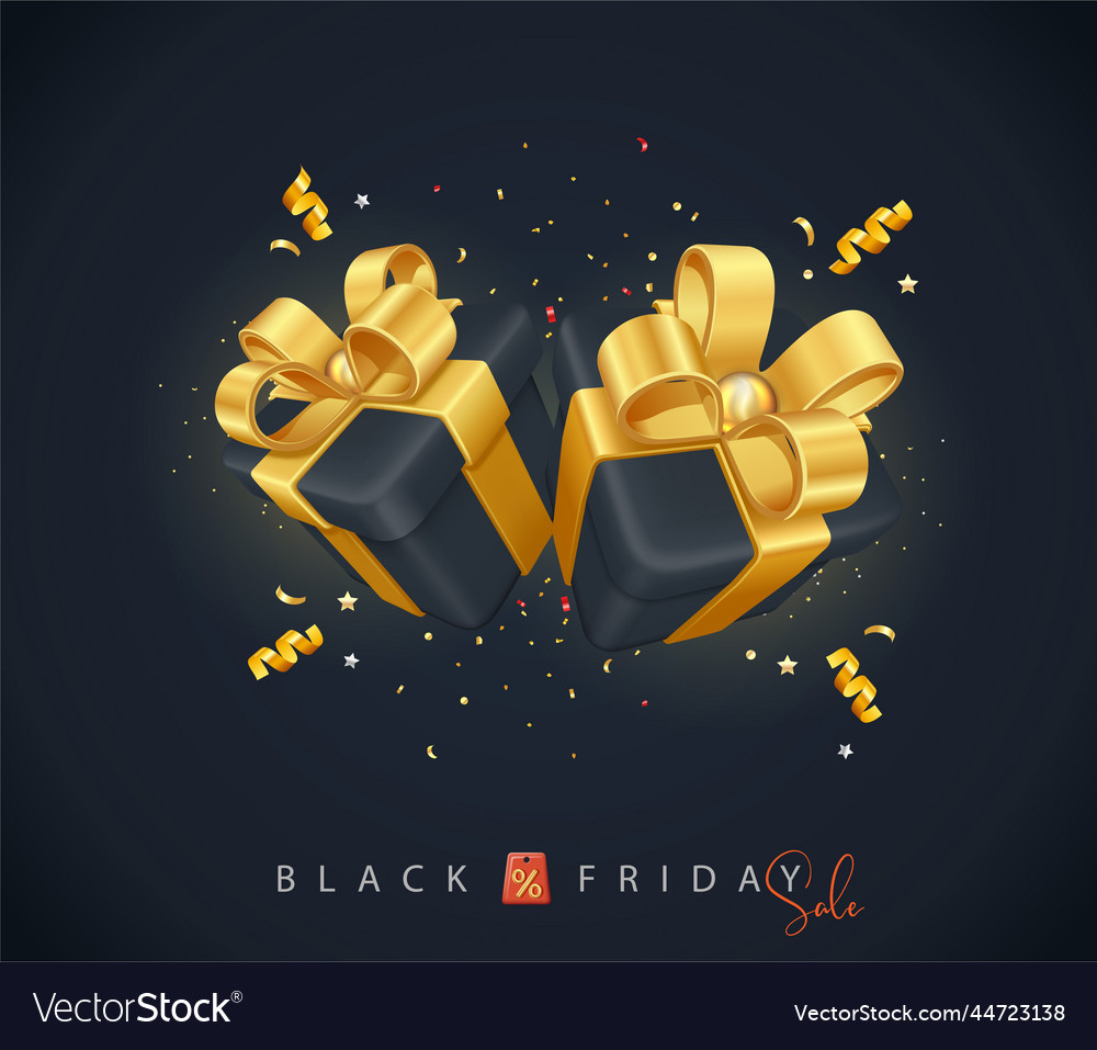 Decorative Black Gift Box With Golden Bow Vector Image