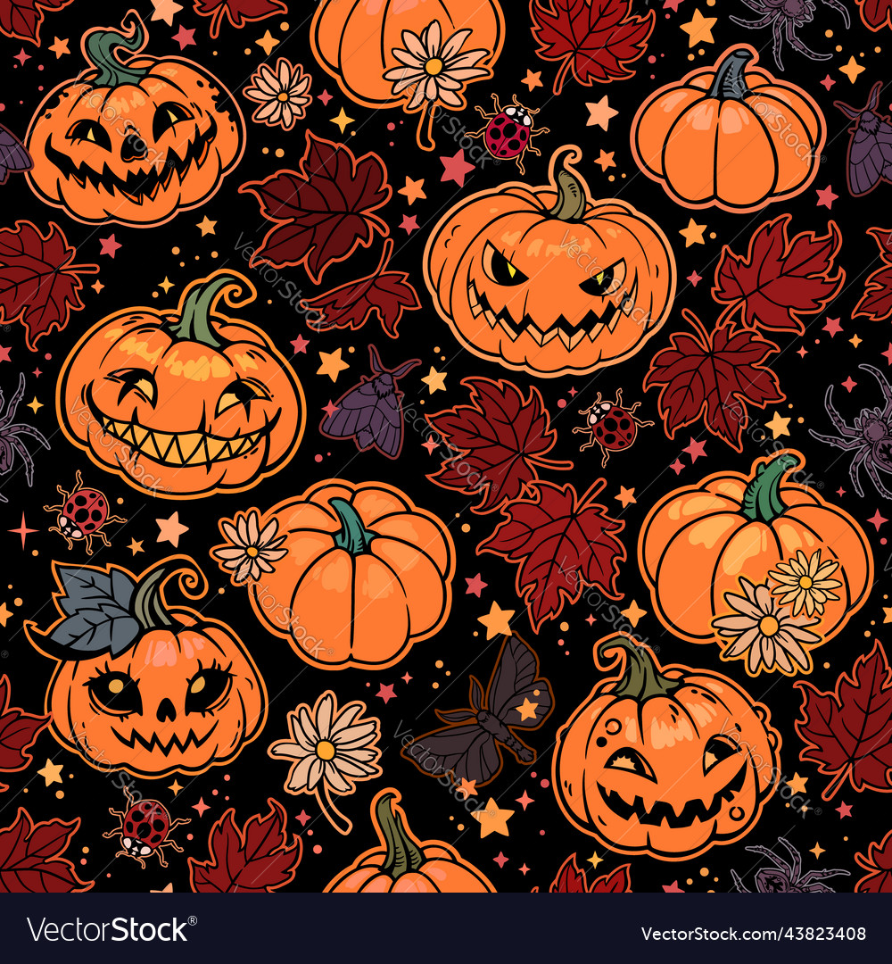 Seamless Halloween Of Decorated Pumpkins Vector Image