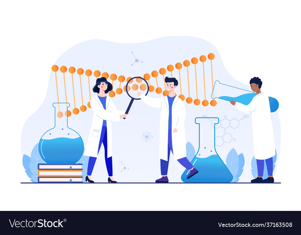 Male And Female Scientists Working With Huge Dna Vector Image