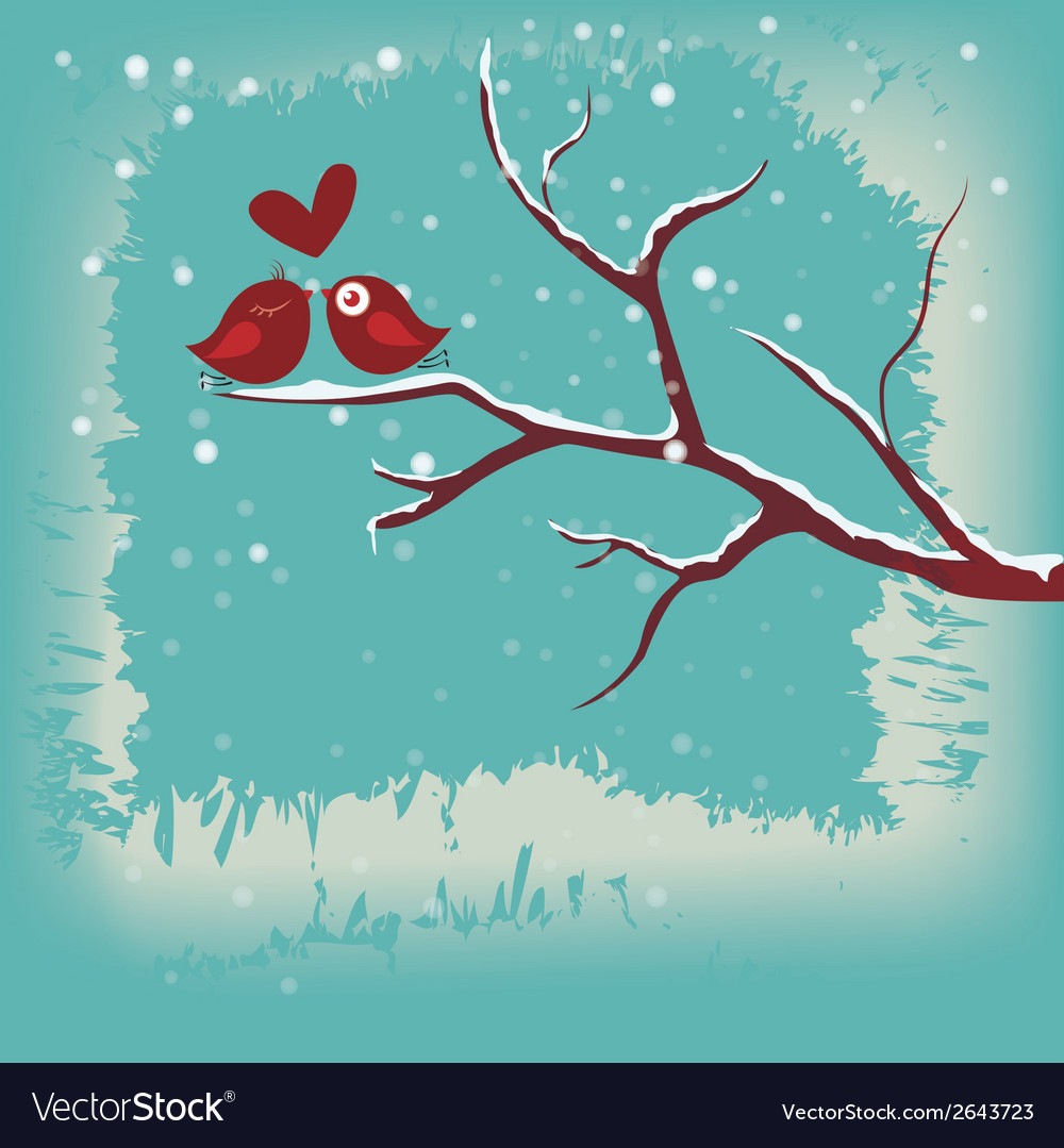 Two Red Birds In Love A Naked Tree Winter Vector Image