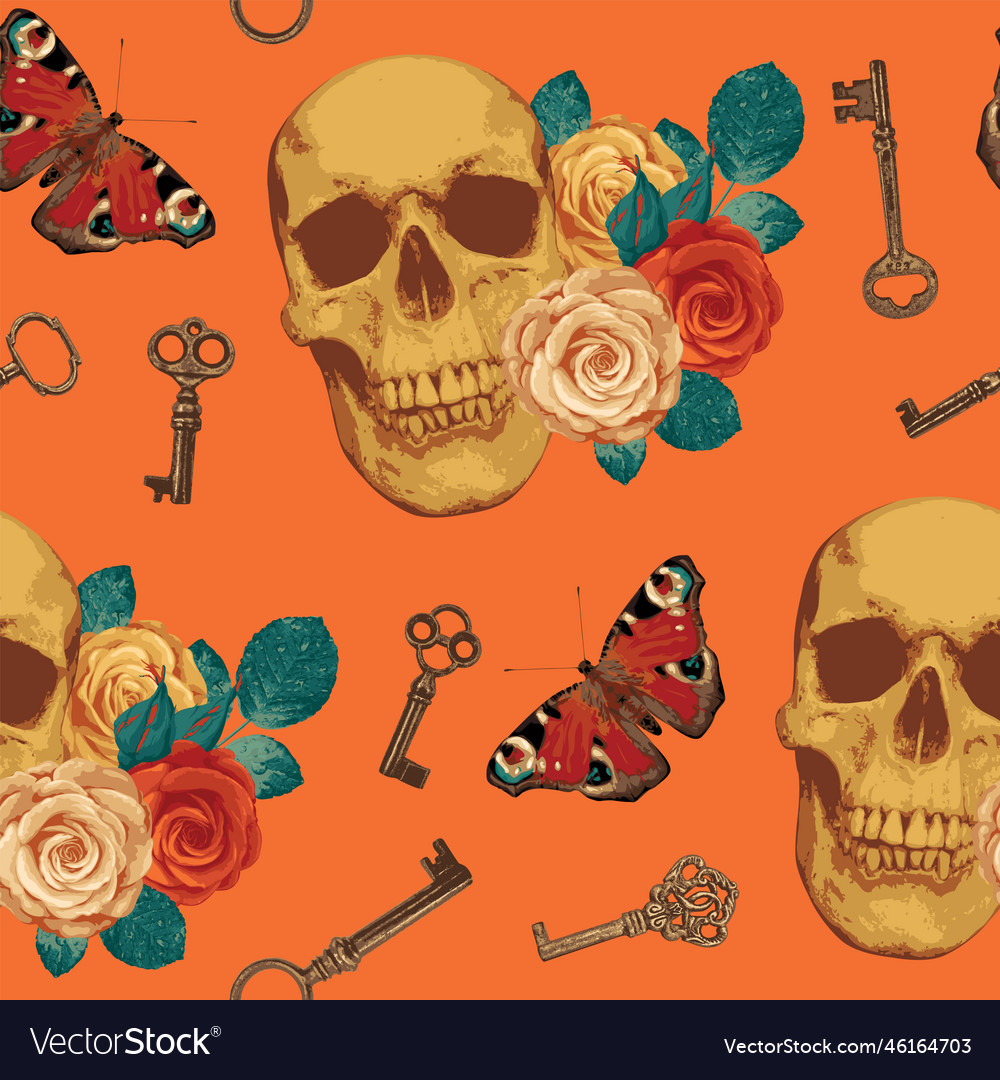 Seamless Pattern With Human Skulls Roses Vector Image