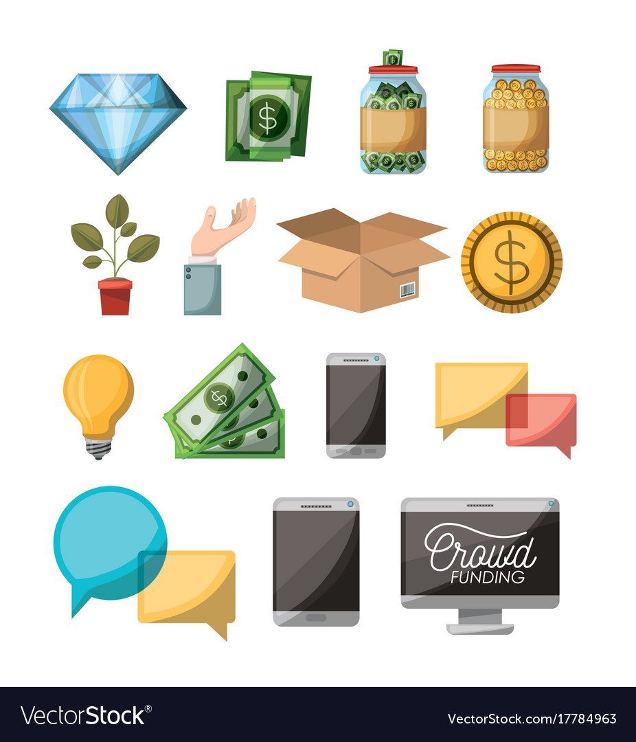 Crowdfunding Elements Set Icons In White Vector Image