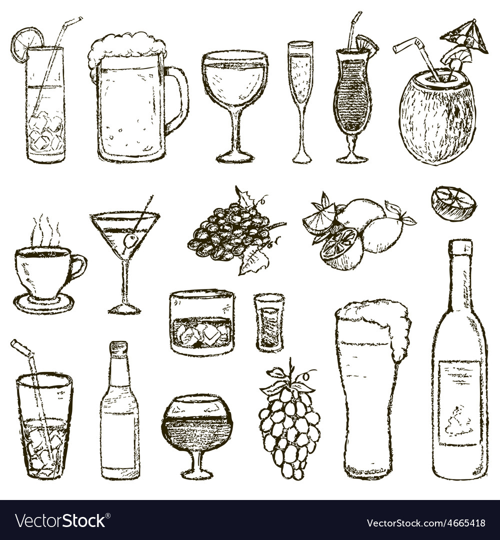 Set Sketch Cocktails And Alcohol Drinks Royalty Free Vector