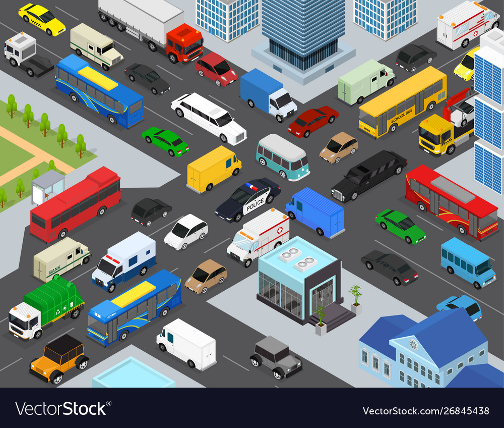 Traffic Jams On A City Landscape Background Scene Vector Image