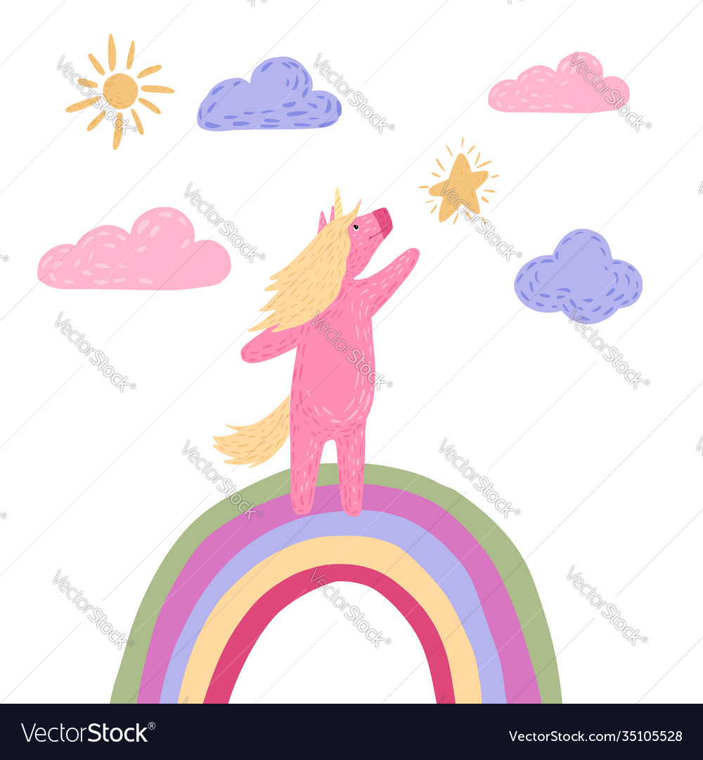 Composition Unicorn Standing On Rainbow On White Vector Image