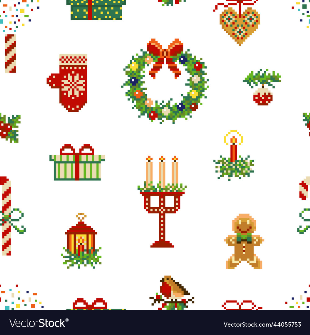 Bit Vintage Pixel Art Merry Christmas Pattern Vector Image