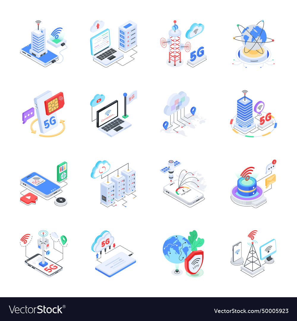 Pack Of Wireless Technology Isometric Icons Vector Image