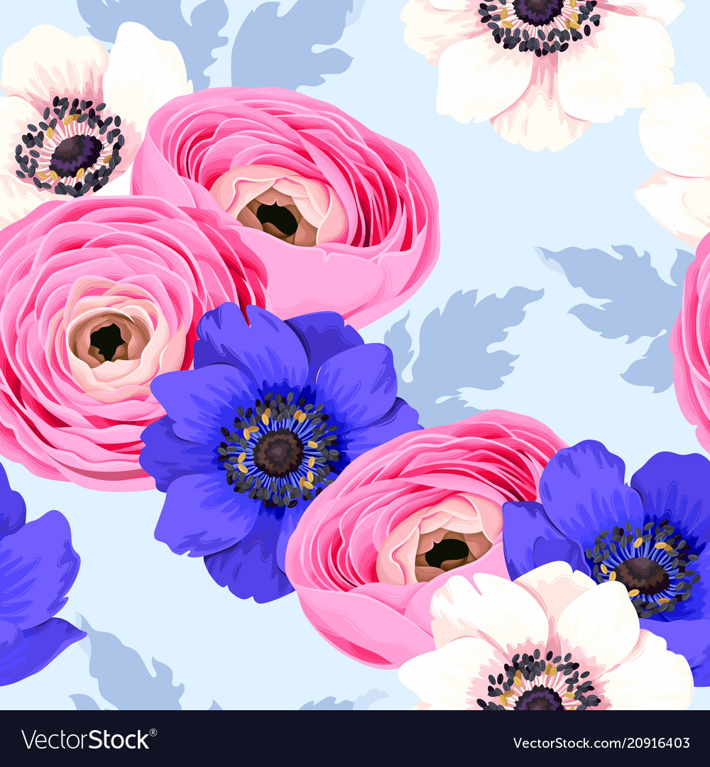 Seamless Pattern With Anemones And Ranunculus Vector Image