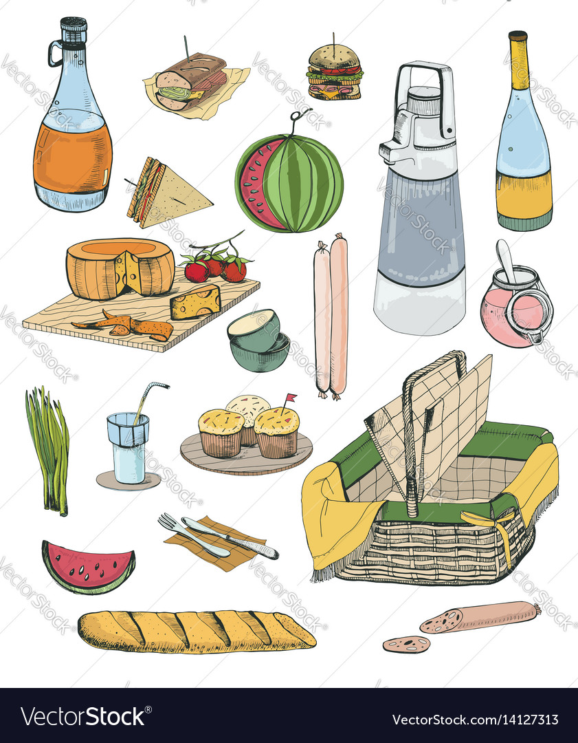 Hand Drawn Picnic Items Set Collection Royalty Free Vector