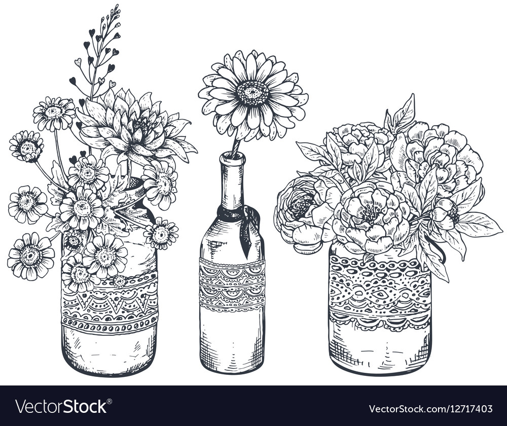 Bouquets With Hand Drawn Flowers And Plants Vector Image