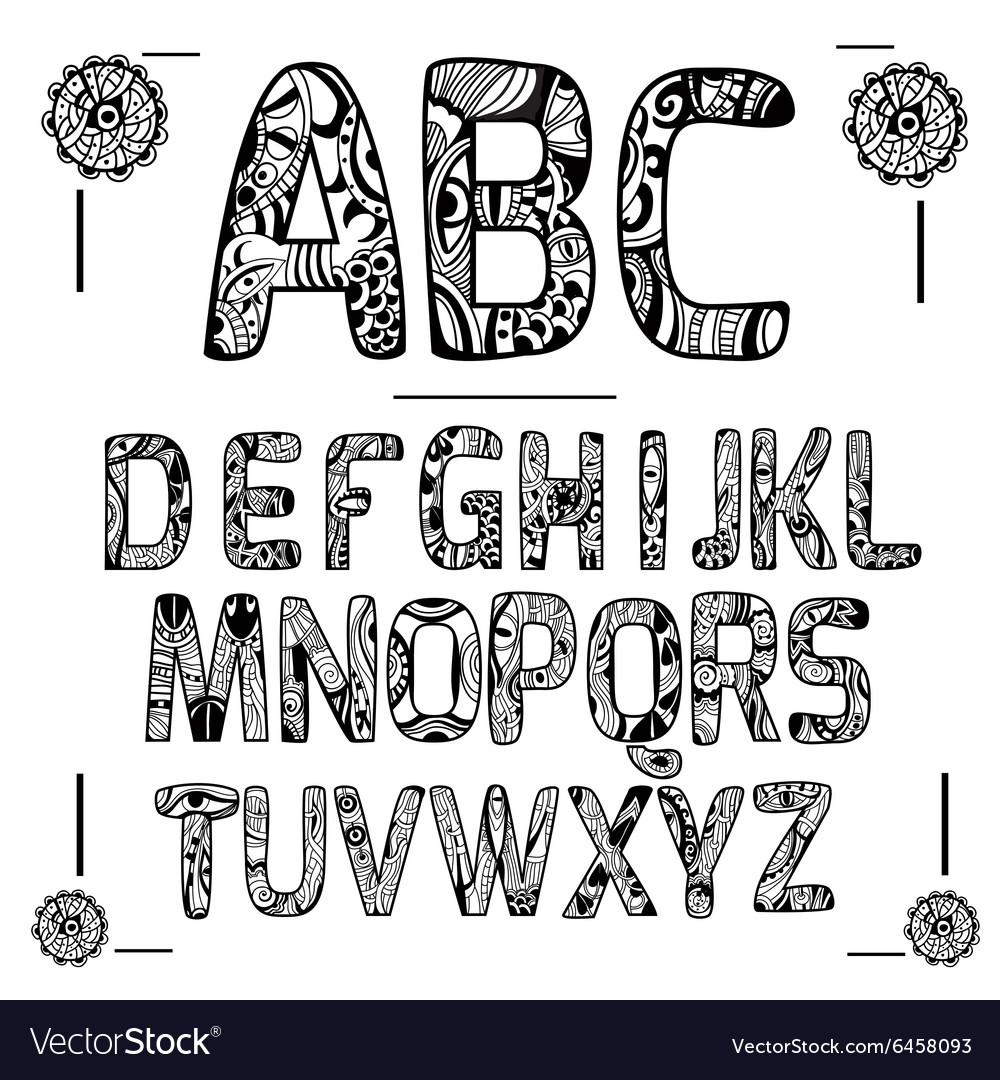 Zentangle Alphabet Black Royalty Free Vector Image