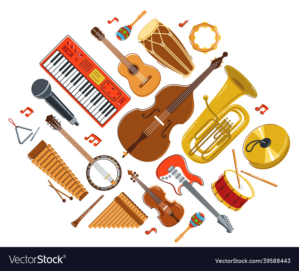 Music Orchestra Diverse Instruments Flat Isolated Vector Image