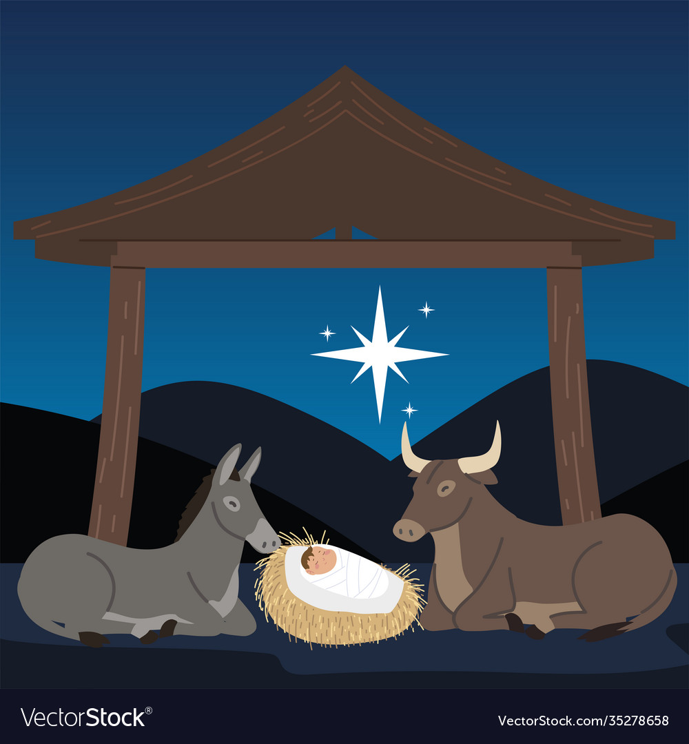 Nativity Manger Baby Jesus With Donkey Ox And Star