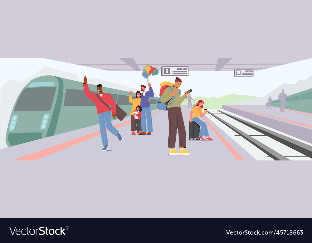 People Waiting Train On Railway Station Male And Vector Image