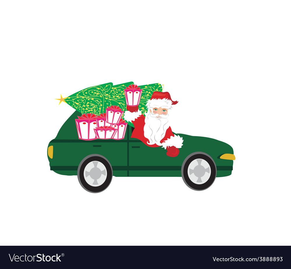 Santa Claus Driving Car With Christmas Gift Vector Image