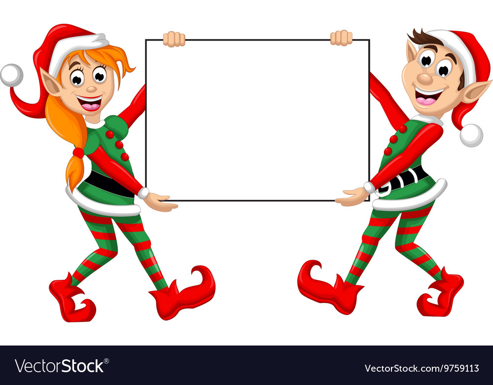 Two Christmas Elf Holding Blank Sign Royalty Free Vector