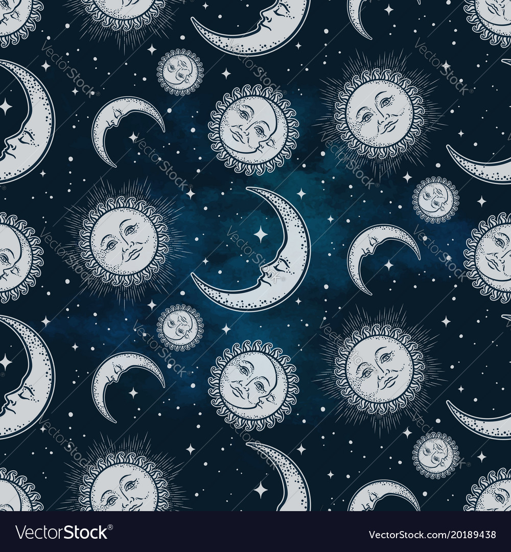 Seamless Pattern With Moon Sun And Stars Vector Image