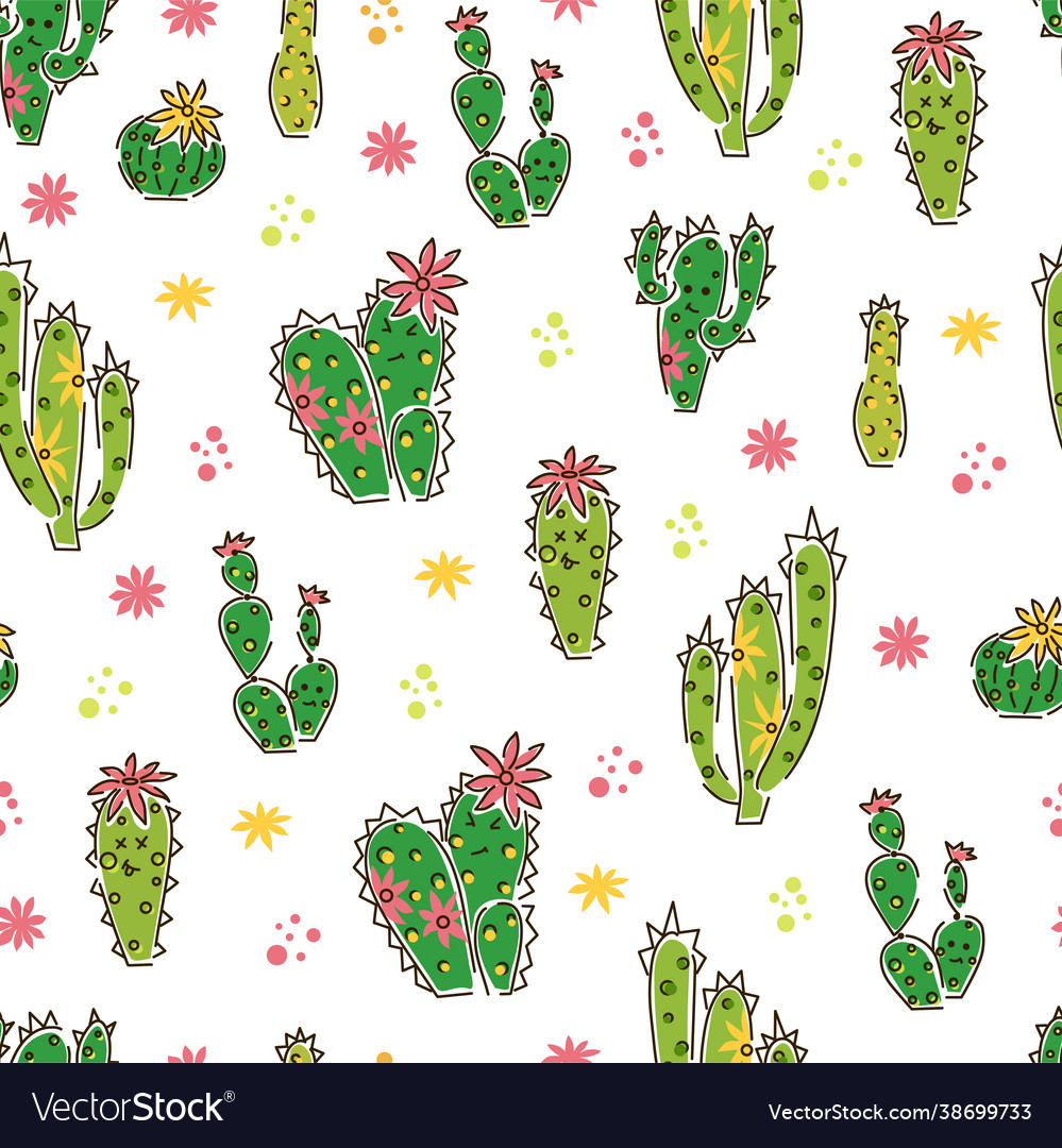 Different Cacti And Flowers Seamless Pattern Vector Image