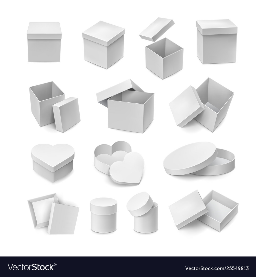 Various Opened And Closed Cardboard Boxes Mockup Vector Image