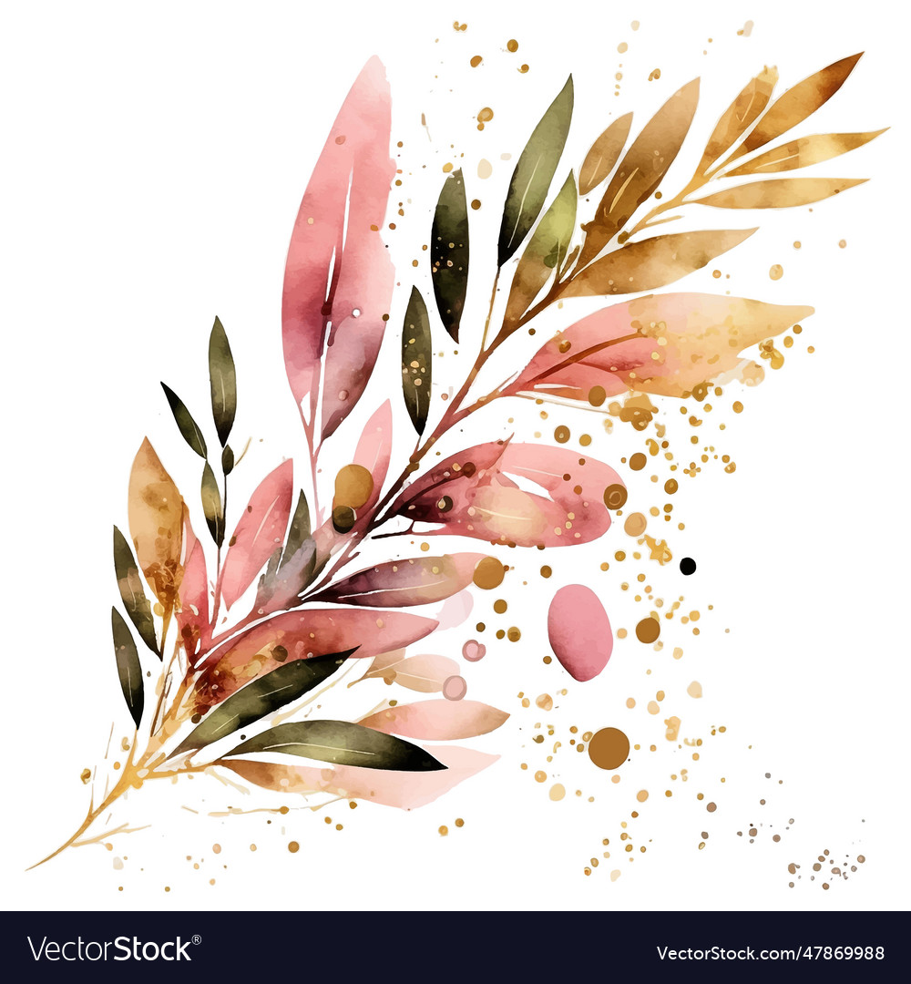 Watercolor Olive Branch Leaves Splash Blot Vector Image