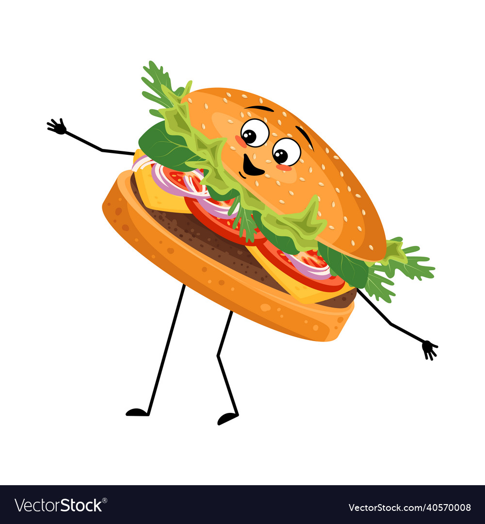 Cute character hamburger with happy emotions face Vector Image