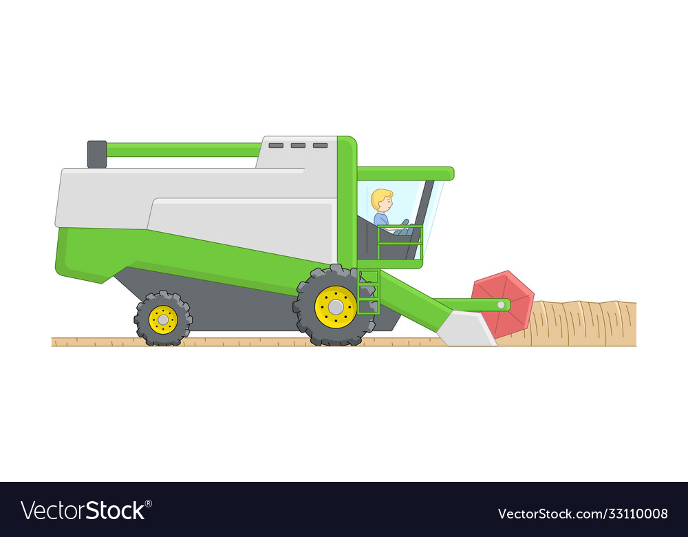 Man in green combine harvester on white background
