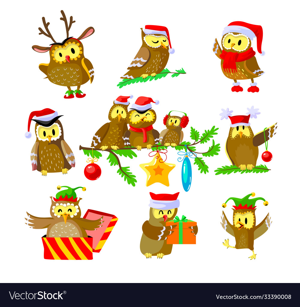 Set christmas owls funny birds in santa claus Vector Image