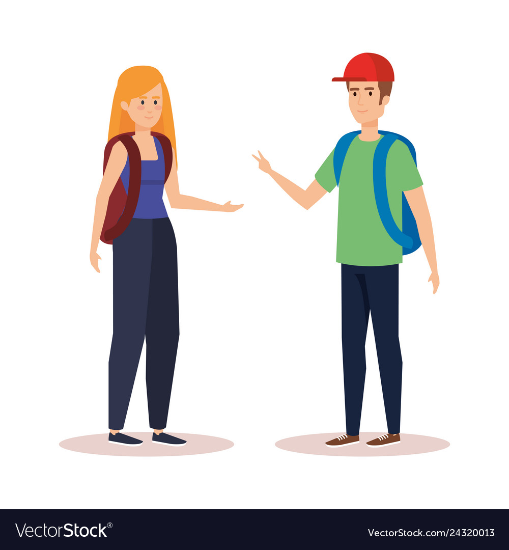 Woman and man students talking with backpack Vector Image