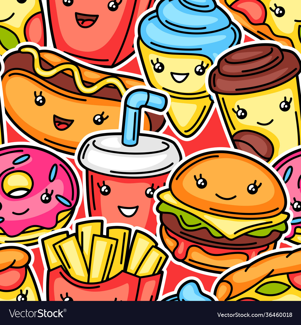 Seamless pattern with cute kawaii fast food meal Vector Image