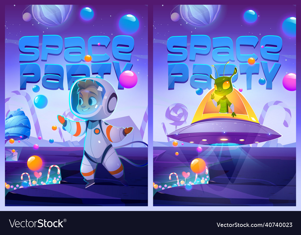 Space party cartoon banner with cute kid and alien