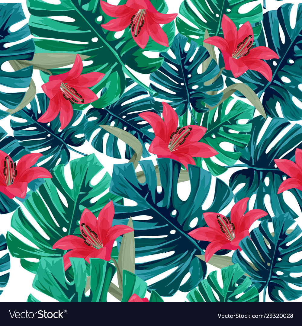 Exotic red lily and green monstera leaves