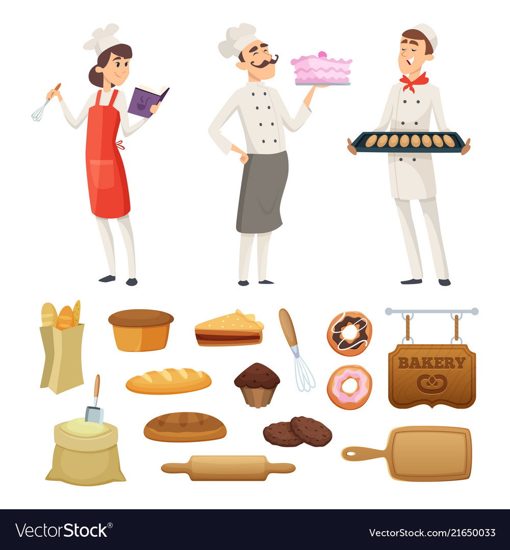 Bakers male and female at work characters in Vector Image