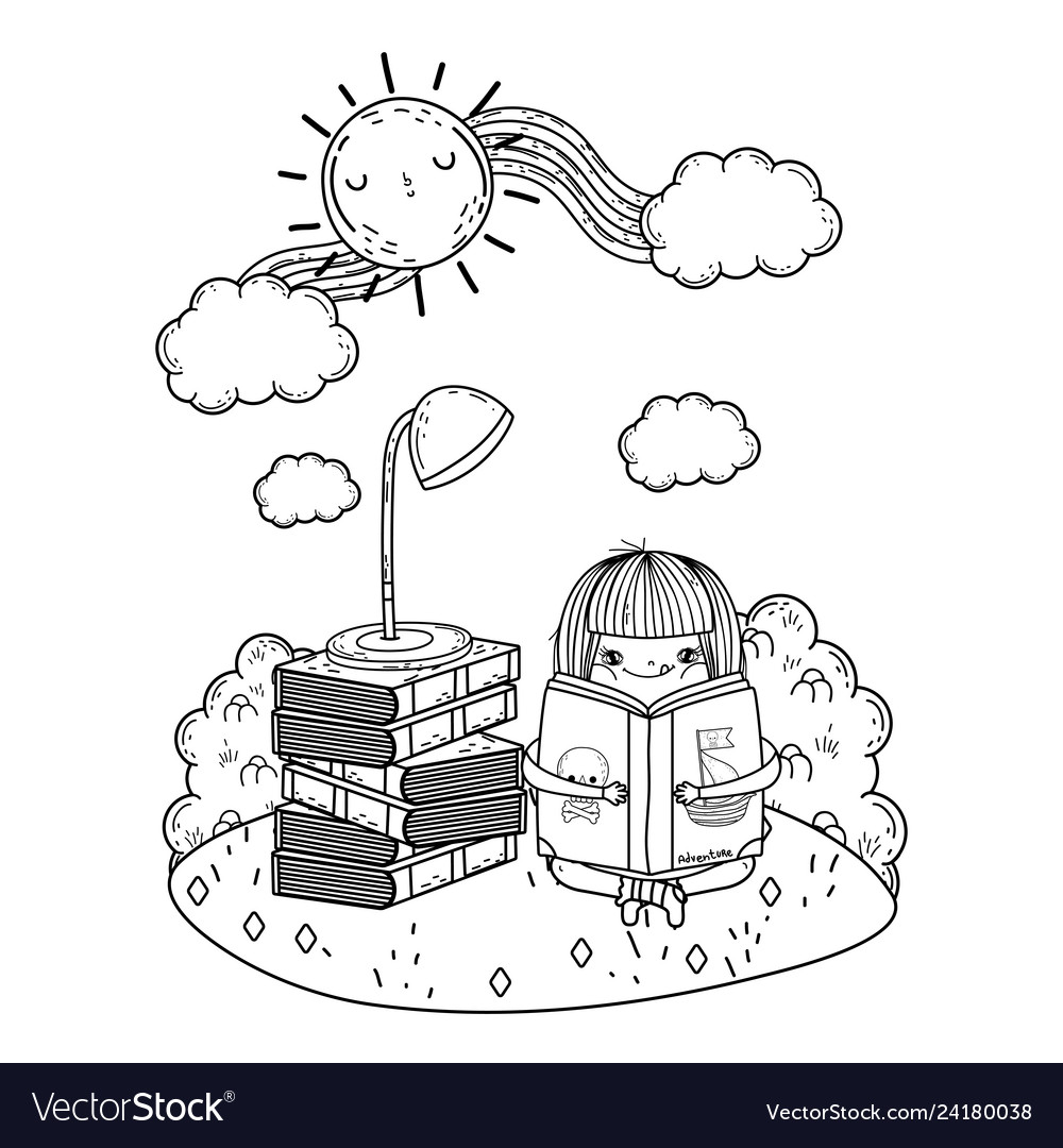 Happy little girl reading book with rainbow Vector Image